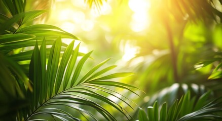 Obraz premium Lush tropical greenery illuminated by golden sunlight in a serene natural setting