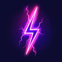 Neon lightning bolt in vibrant pink and purple colors on a dark background symbolizing energy and power