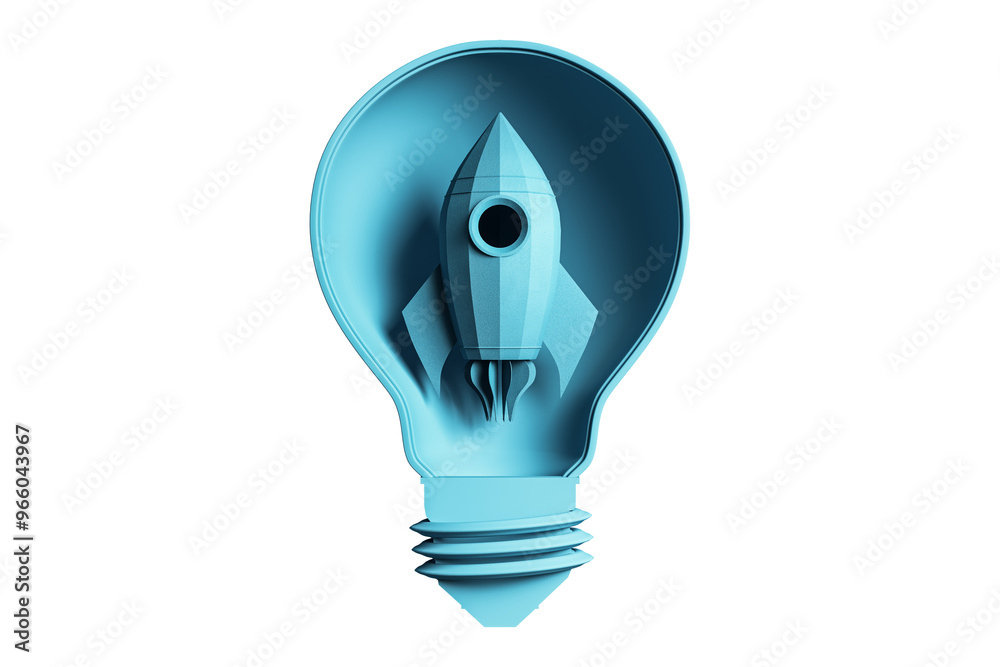 Poster blue light bulb with a rocket-shaped object inside. isolated on a white background. concept of innov