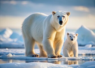 Adorable polar bear mother and playful cub wander together on Arctic sea ice, showcasing tender maternal bond and innocence in harsh yet beautiful winter landscape.