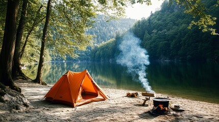 Orange Tent by Lake in Forest with Campfire and Barbecue Grill on Sand. AI generated illustration