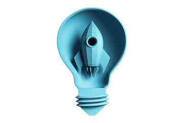 Blue light bulb with a rocket-shaped object inside. Isolated on a white background. Concept of innovation, creativity, and startup. 3D Rendering