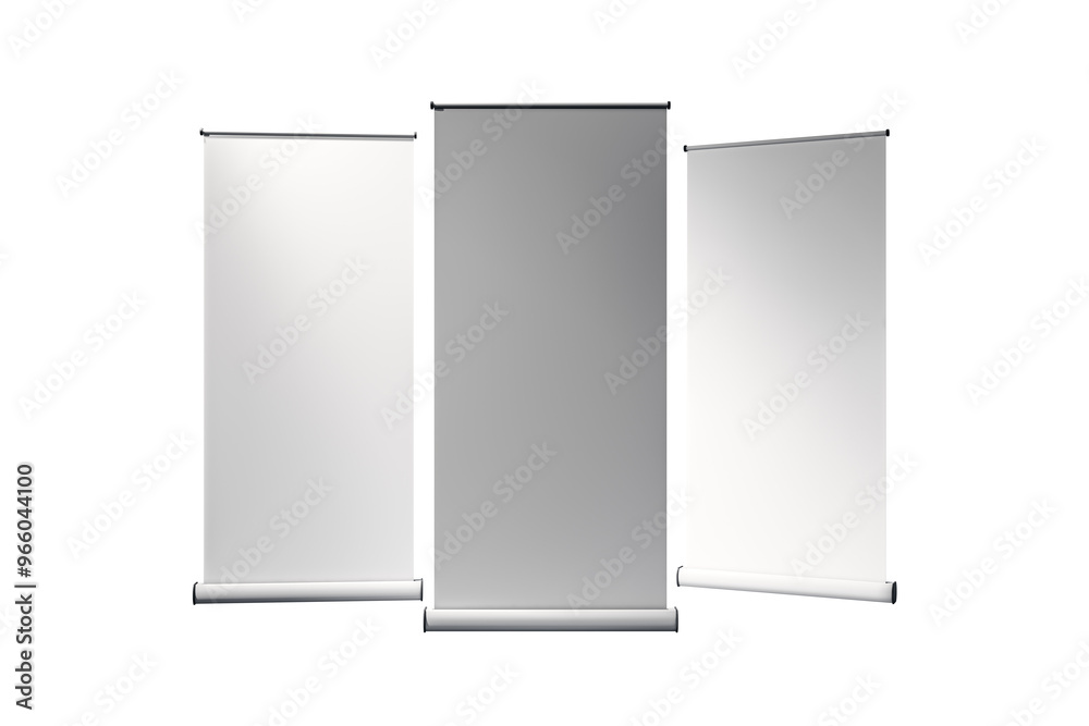 Poster three blank roll-up banners standing side by side on a white background. 3d rendering. concept of ad