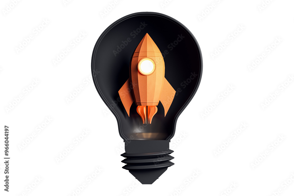 Poster image of a light bulb with an orange rocket inside, isolated on a white background. concept of innov
