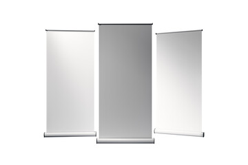 Three blank roll-up banners standing side by side on a white background. 3D rendering. Concept of advertisement and promotion mockup