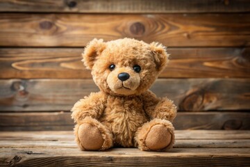 Obraz premium Adorable small brown teddy bear with soft fuzzy fur, endearing facial expression, and cute tiny paws, sitting on a natural wood background, looking innocence.