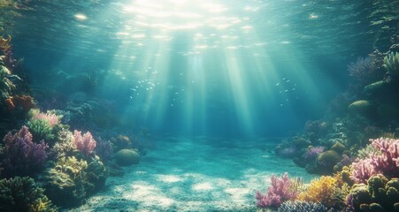Fototapeta premium Underwater coral reef with vibrant marine life illuminated by sunlight in a tropical ocean
