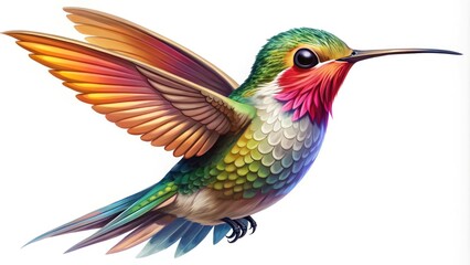 Obraz premium Adorable Vector Graphic With A Tiny Hummingbird Hovering In Mid-Air, Featuring Intricate Details And Bright Colors.