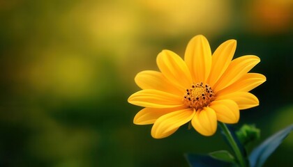 Obraz premium A vibrant yellow flower blooms beautifully against a soft, blurred background, symbolizing joy and nature's splendor.