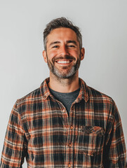 Obraz premium Portrait of a Smiling Young Smart Looking Man with Beard Wearing a Plaid Shirt