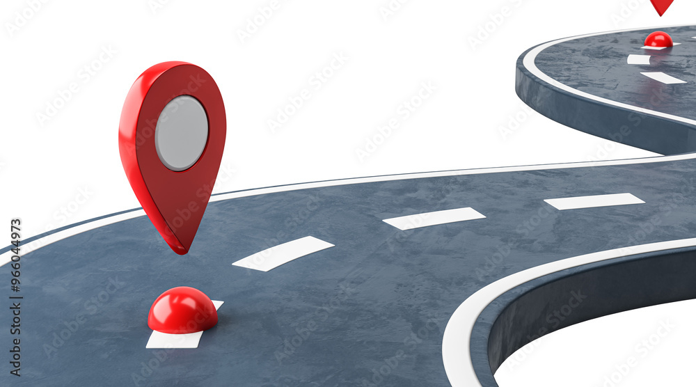 Aufkleber 3D rendering of a winding road with red location pins marking points. The road is set on a clean white background, representing navigation or journey