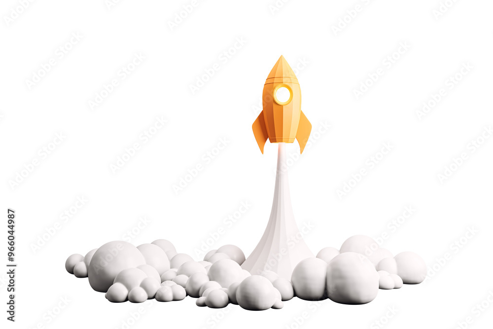 Poster orange rocket launching with smoke cloud. isolated on a white background. concept of startup and inn