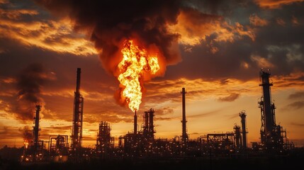 Oil Plant on Fire with Smoke and Flames Against Dark Cloudy Dusk Sky. AI generated illustration