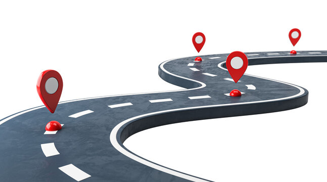 Winding road with multiple red location markers, isolated on a white background. 3D Rendering concept of navigation and journey