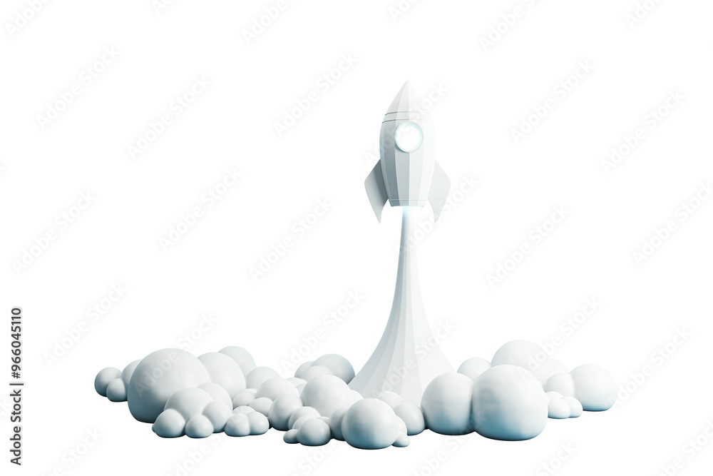 Aufkleber rocket launching with smoke trails and clouds, 3d rendering, isolated on a white background. concept