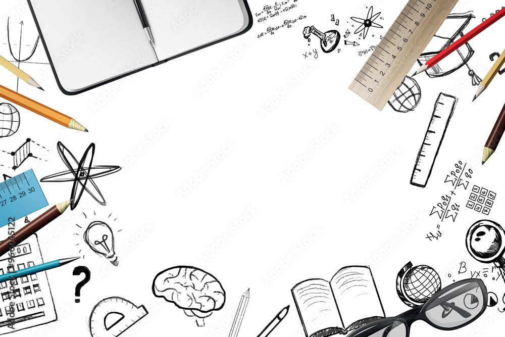 Poster school supplies like pencils, rulers, and notebooks arranged on a white background with science and 