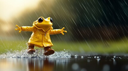 Fototapeta premium A cheerful frog in a yellow raincoat splashes joyfully in puddles during a rainy day, capturing the essence of playful moments.