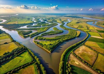 Fototapeta premium Aerial View Of A Delta Where A River Branches Out Before Meeting A Larger Body Of Water, Creating Triangular-Shaped Landmasses