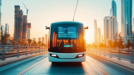 Obraz premium Autonomous shuttle bus, digital signage, modern cityscape, morning light, blue sky