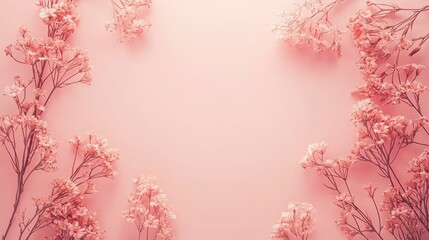 A minimalistic design with a soft pastel pink background featuring a central copy space ideal for text or branding with delicate floral elements subtly framing the edges creating a calm and inviting