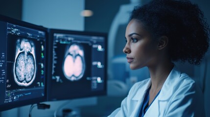 A medical technician attentively reviewing a mammography scan on a high-tech monitor the room is softly lit with the focus on the screen and the technician's concentrated expression representing