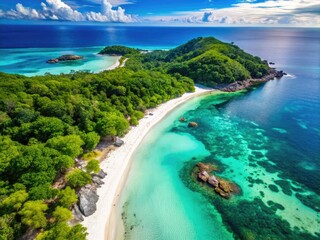 Fototapeta premium Aerial View Of A Pristine Coastal Landscape With White Sandy Beach, Crystal-Clear Turquoise Waters, And Lush Vegetation.
