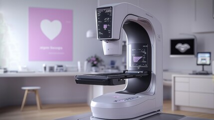 A detailed image of a digital mammography machine in a clinical setting, with a breast cancer awareness poster in the background, showcasing the advanced technology used in early detection and