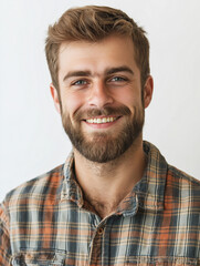 Obraz premium Portrait of a Smiling Young Smart Looking Man with Beard Wearing a Plaid Shirt