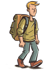 Cartoon-Illustration eines wandernden jungen Mannes mit Rucksack - Ki-Ai generiert