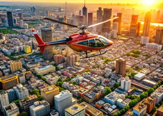 Aerial View Of A Towering Helicopter Hovering Over An Urban District With Densely Packed Buildings And A Vibrant Street Life Below.