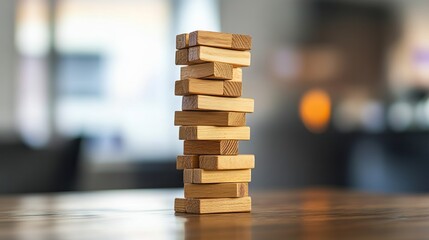 Wooden Jenga Blocks on Office Table with Copy Space Banner Mockup Background. AI generated illustration