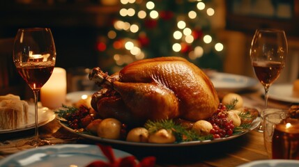 A delicious roast turkey dinner is served on the table.