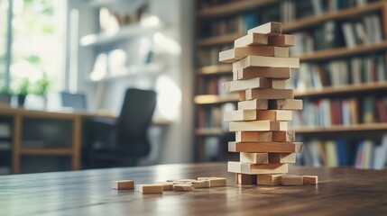 Obraz premium Wooden Jenga Blocks on Office Table with Copy Space Banner Mockup Background. AI generated illustration