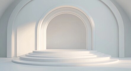 Fototapeta premium Modern minimalist stage design featuring circular backdrop in soft lighting