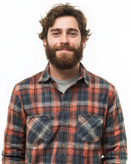 Fototapeta premium Portrait of a Smiling Young Smart Looking Man with Beard Wearing a Plaid Shirt