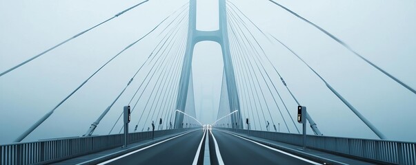 Obraz premium Digital bridge toll, autonomous toll collection, futuristic suspension bridge, foggy backdrop
