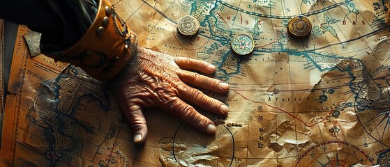 Visualize a navigator plotting a course on an ancient map