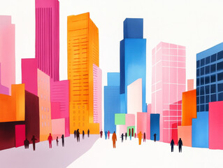 A vibrant abstract watercolor cityscape featuring towering skyscrapers in shades of pink, orange, and blue. lively scene captures essence of urban life with silhouettes of people walking