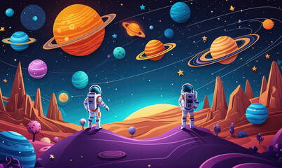 Naklejka premium Two astronauts stand on a hill and look out at a colorful and vibrant alien landscape with many planets and stars in the background