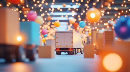 Fototapeta premium A vibrant logistics center filled with colorful lights and packages creates festive atmosphere. scene captures essence of Diwali, showcasing trucks and bright decorations