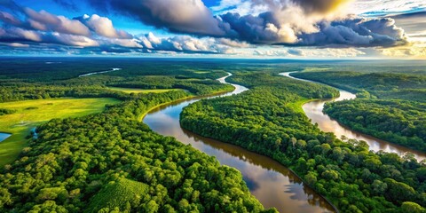 Obraz premium Aerial View Of The Vast And Winding Amazon River Surrounded By Lush, Dense Rainforest