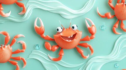 Playful crabs with big claws on a mint green background with ocean waves