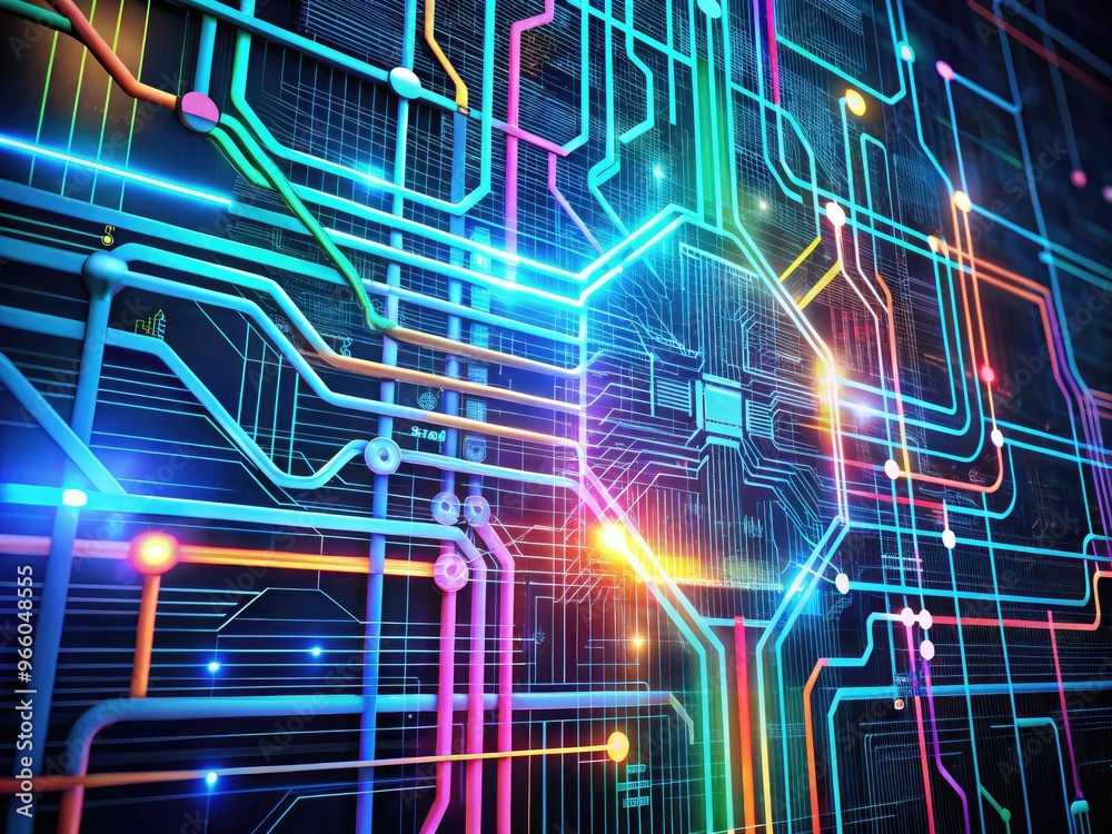 Aufkleber an abstract, futuristic representation of an artificial intelligence machine using colored lines to 