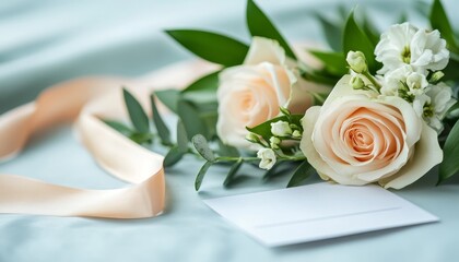Obraz premium A bouquet of soft peach roses and white flowers on a light fabric background, accompanied by a blank card and ribbon.