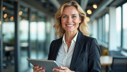 Smiling mature business woman executive, happy middle aged businesswoman entrepreneur, 40 years old company hr holding digital tablet looking at camera standing in office at work. Portrait.
