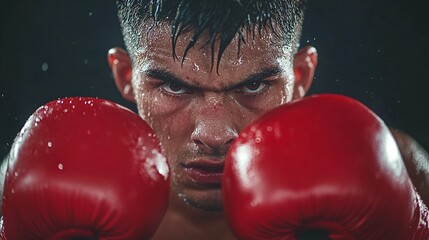 sweating male boxer with red gloves, showcasing intense focus and determination as he prepares for action in the boxing ring