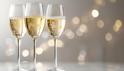 New Years Eve celebration with champagne and shiny bokeh golden background