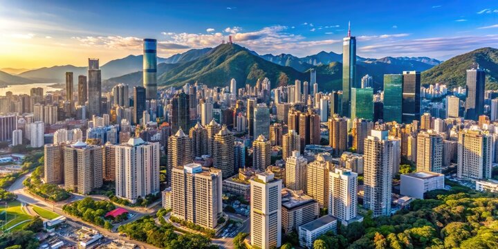 An Aerial View Of A Modern City Skyline With Tall Buildings And Landmarks Against A Backdrop Of Scenic Mountains And A Blue Sky