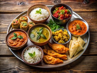 Fototapeta premium An Arrangement Of Popular Nepali Dishes Including Dal Bhat, Sel Roti, Momos, And Mixed Pickle On A Rustic Wooden Table