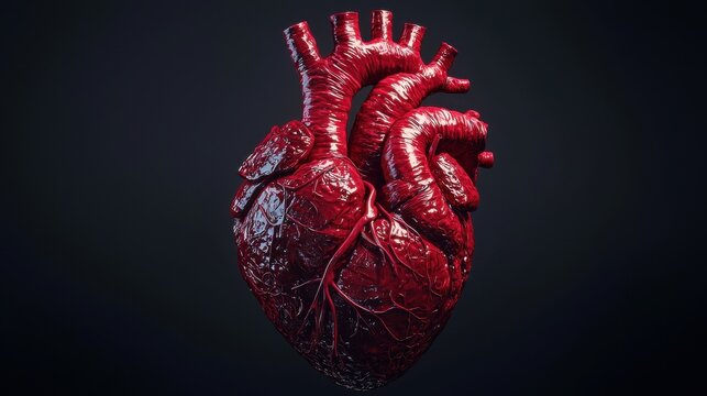 An intricate anatomical diagram of the human heart highlighting the circulatory system with detailed labels and a deep red color scheme on a dark background